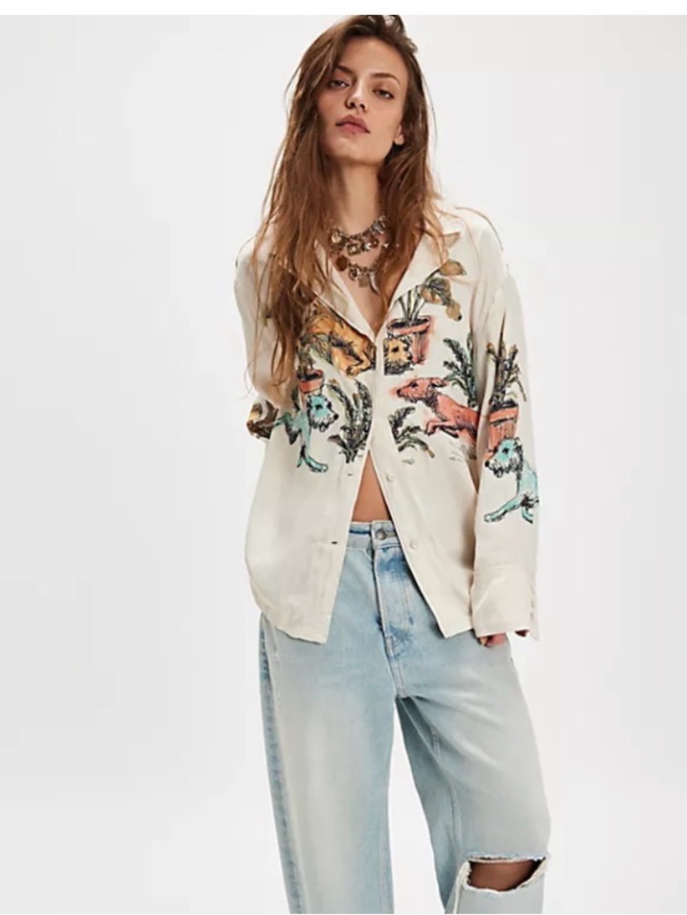 We the Free Watercolor Animal Printed Button Down